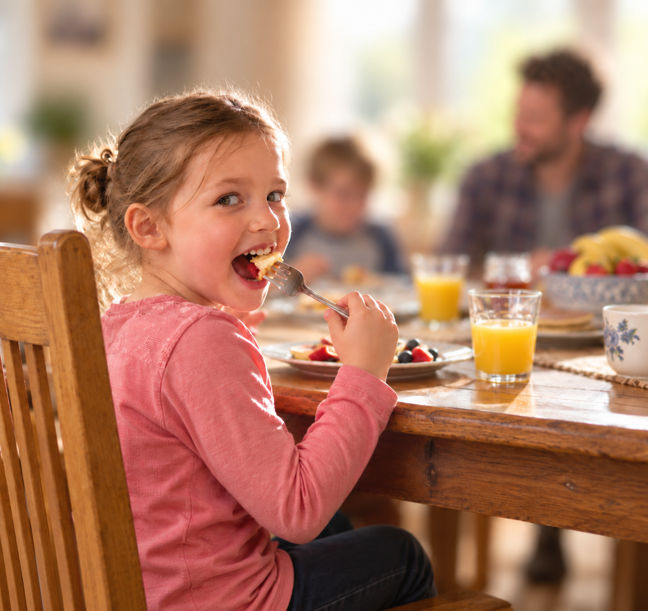 A child smiling at a family breakfast table