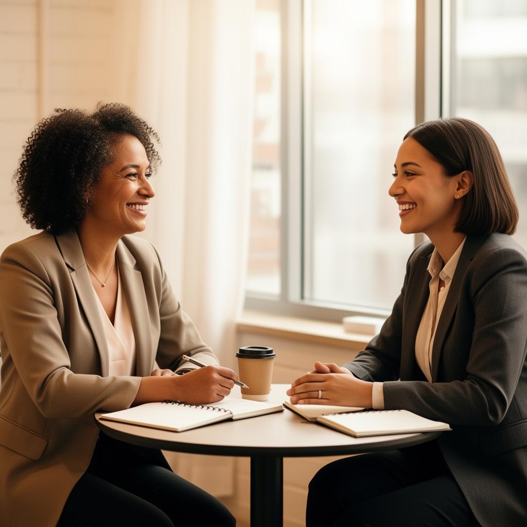 Two adults in a coaching session, smiling and engaged